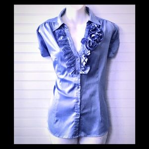 New York & Company Blue Short Sleeve Shirt Size L